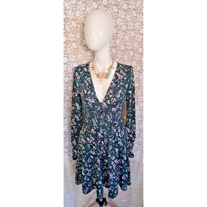 Love Squared Dress M Green Floral Bishop Sleeves Smocked Waist V-neck Tiered Y2K